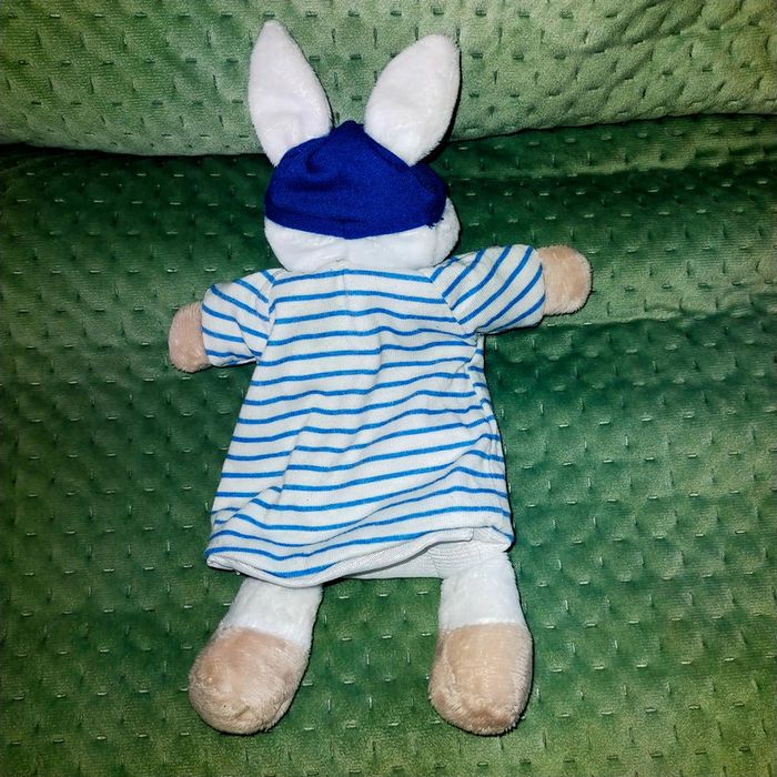 Doudou Lapin marionnette bleu blanc rayé poche Sergent major - photo numéro 3
