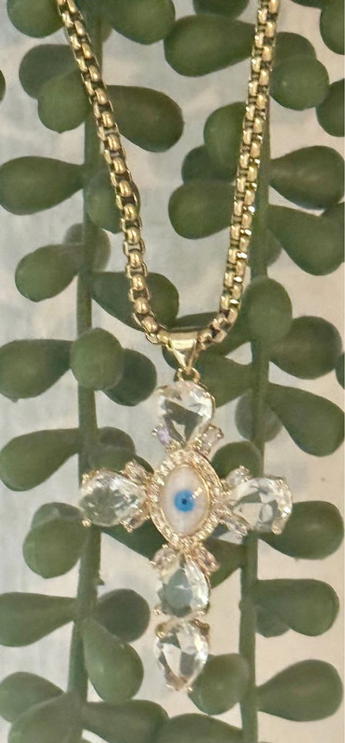 Collier habaha Paris chaîne épaisse réglable grosse croix œil bleu gros cristaux - photo numéro 6