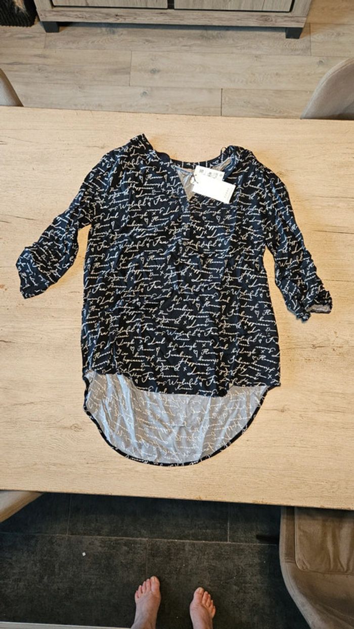 Chemisier femme noir à dessin blanc à manches 3/4, Canda, taille 42, neuf