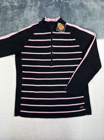Demi zip Pull Col Zippé Ralph Lauren Femme Taille XL Noir Rayé Rose Très bon état Vintage 01425