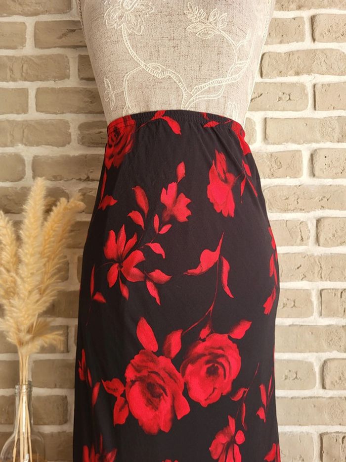 Jupe longue noir imprimé rose rouge - Vintage Made in France - photo numéro 3