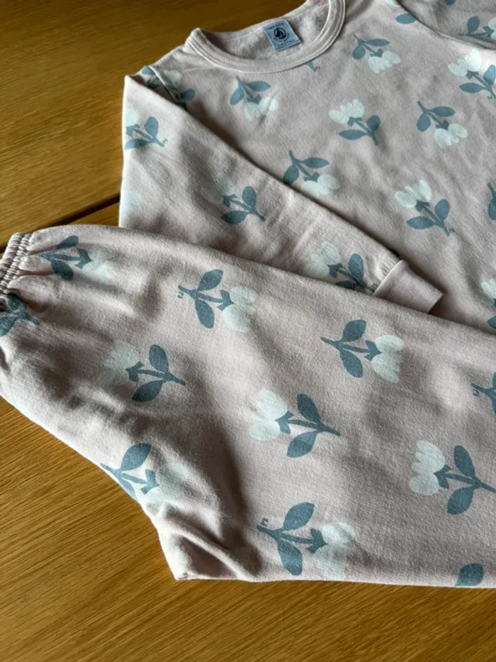 Pyjama 2 pièces ML en molleton rose pâle et fleurs grises/blanches - Taille 4 Ans - photo numéro 3