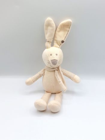 Peluche doudou lapin beige écru blanc GEMO 35 cm écharpe rayures coeur