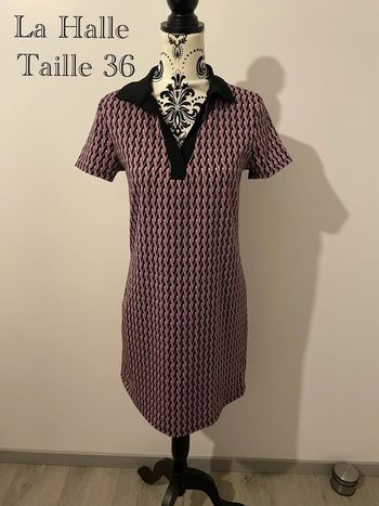Robe polo La Halle, motif géométrique rose et noir, taille 36