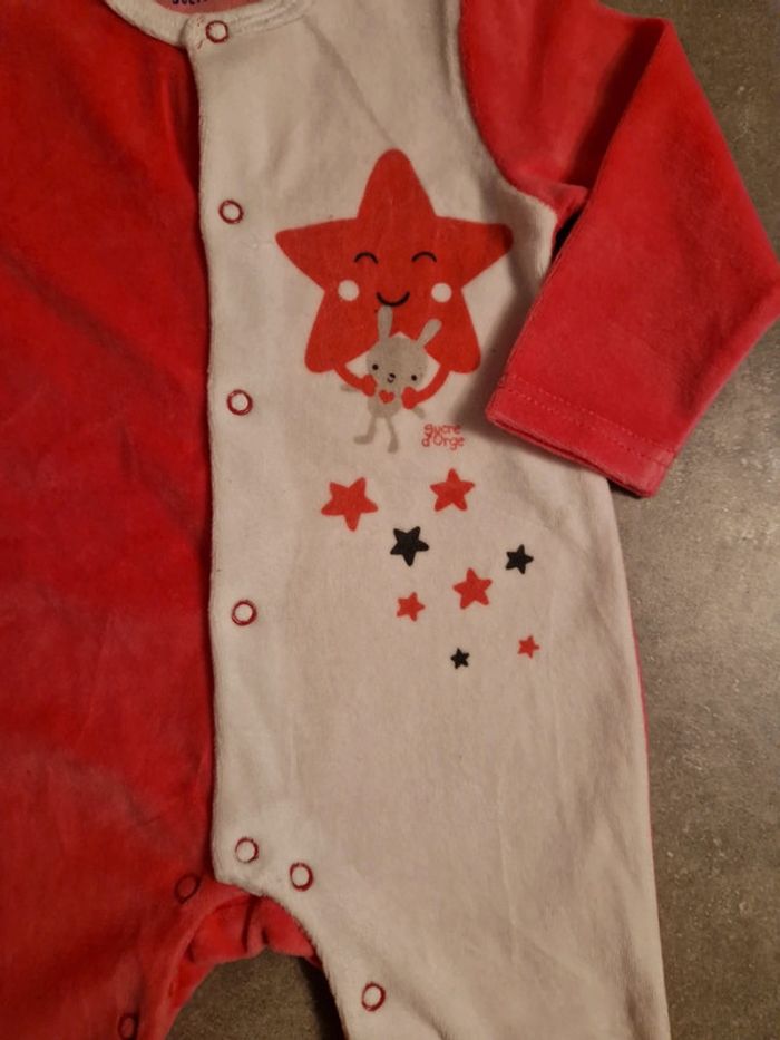 Grenouillère 1 pièce bébé fille velours rose blanc motifs lapin T12mois TBE sucre d'orge - photo numéro 3