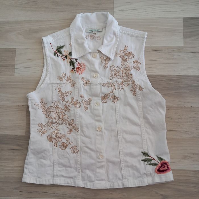 Ensemble 2 pièces veste sans manches + pantalon jean imprimé blanc Jacqueline Riu taille S - photo numéro 2