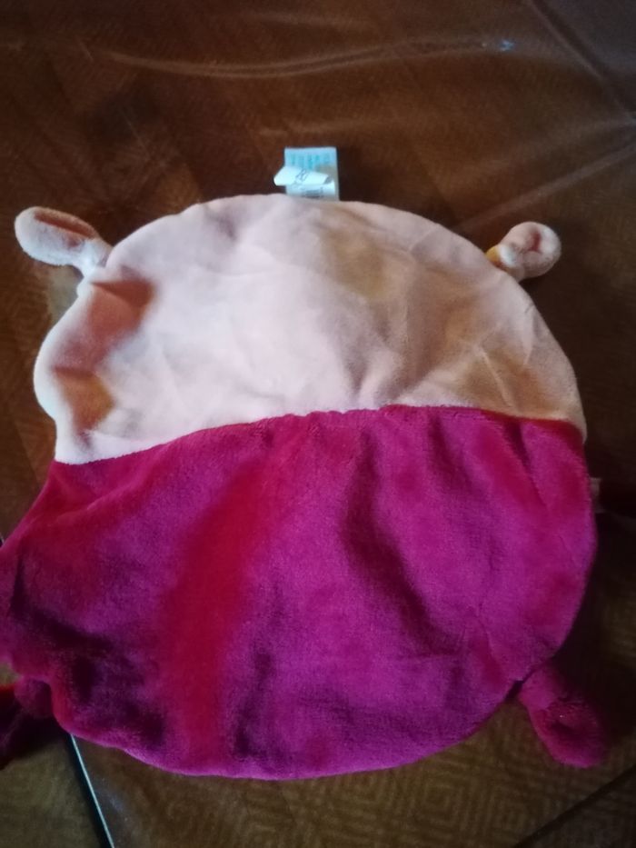 Doudou plat tête d'ourson baby Nat, avec bonnet, Bordeaux, abricots et jaune - photo numéro 3