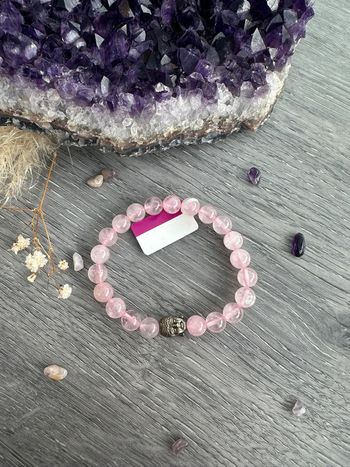Bracelet en quartz rose véritable du Brésil et Buddha- Pierre naturelle