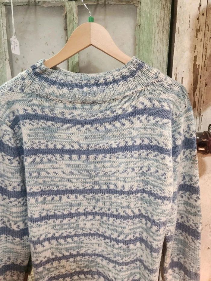 Joli pull col montant en maille coton vintage bleu ciel - photo numéro 2