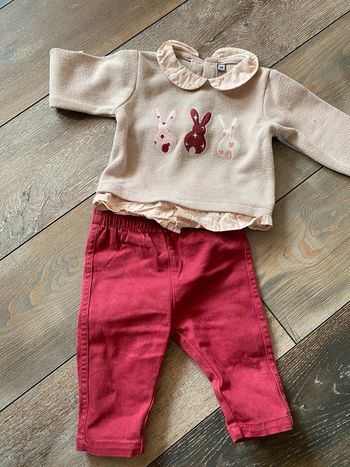 Ensemble fille 3 mois petit lapin beige et bordeaux