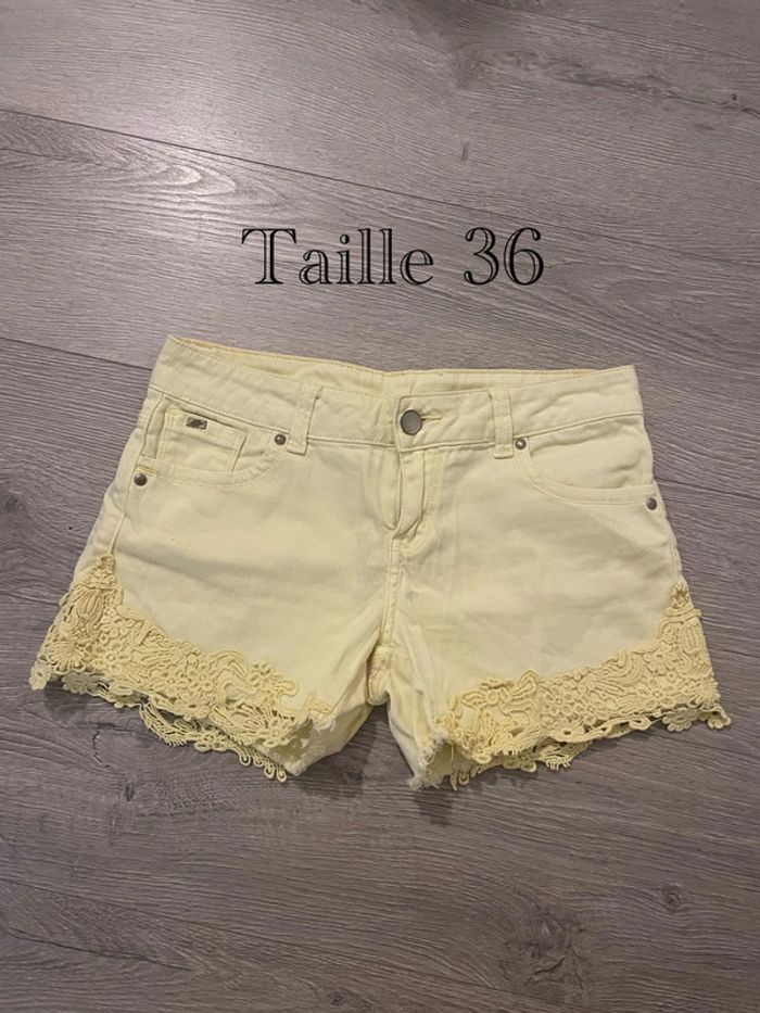 Short jaune pastel T36 – dentelle bohème, été, vacances