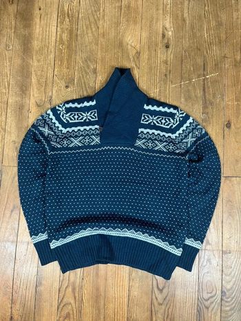 Pull maille vintage laine motifs marine bleu clair S
