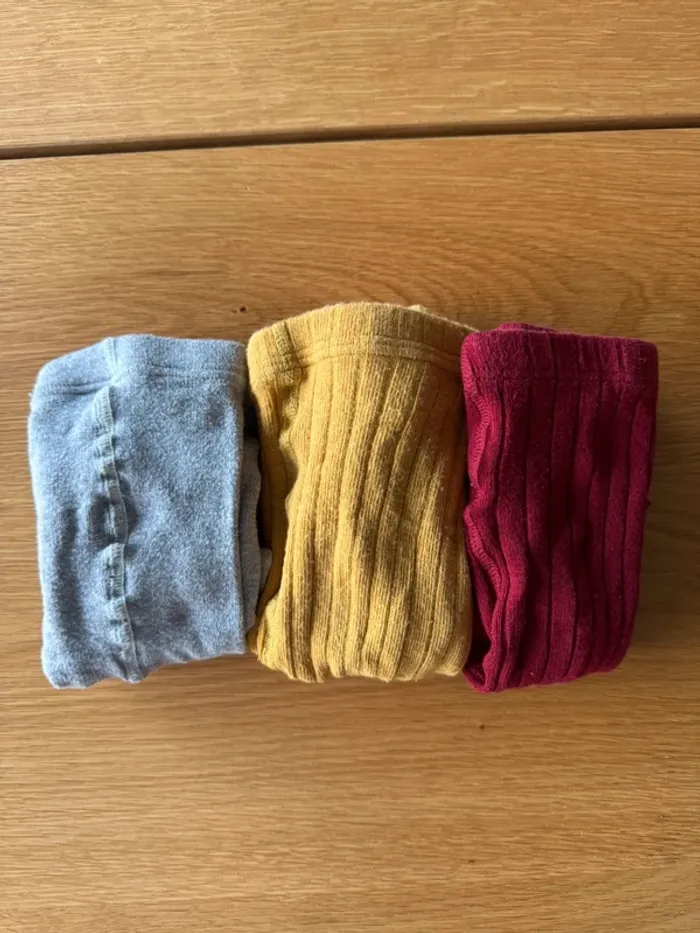 Lot de 3 collants, 1 gris lisse, 1 jaune moutarde et 1 rouge bordeaux côtelé - Taille 2 - photo numéro 2