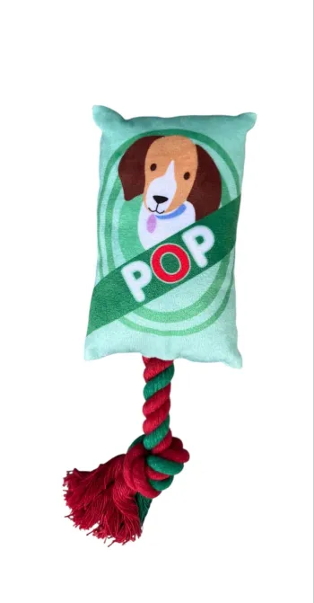 Jouet peluche "pop" vert pour chien avec couineur et corde Neuf