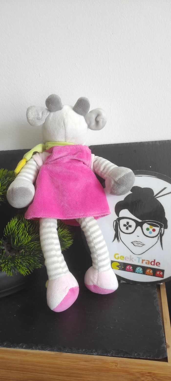 Doudou vache robe rose gris rayé Écharpe vert peluche nicotoy Blanc Poussin - photo numéro 2