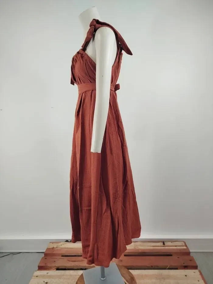 Robe longue rouille Quintessence en coton, effet gaufré, nouée à l'épaule, style bohème A1564 - photo numéro 3