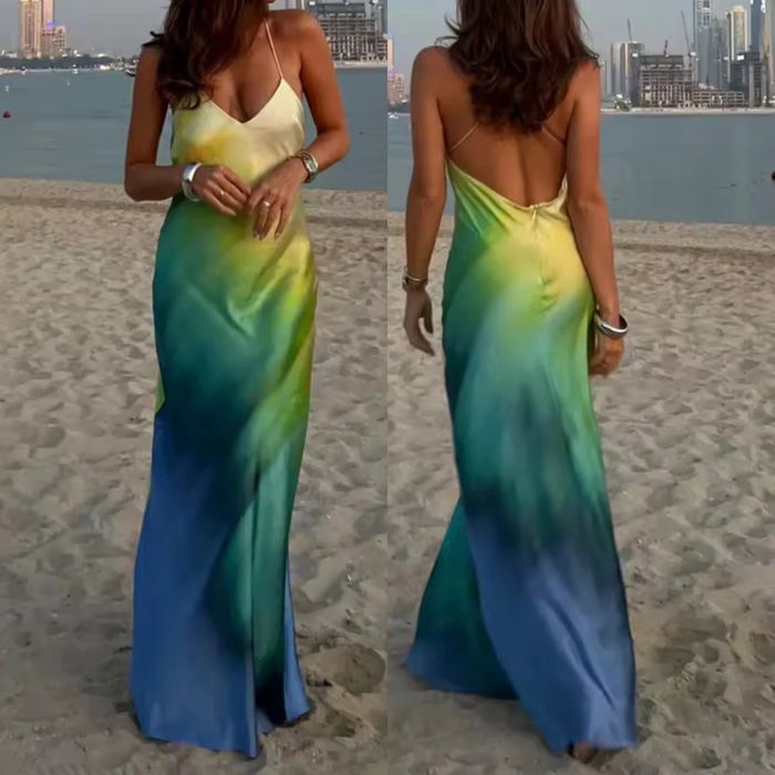 Robe longue dégradé bleu jaune dos nu – Taille S – Neuf