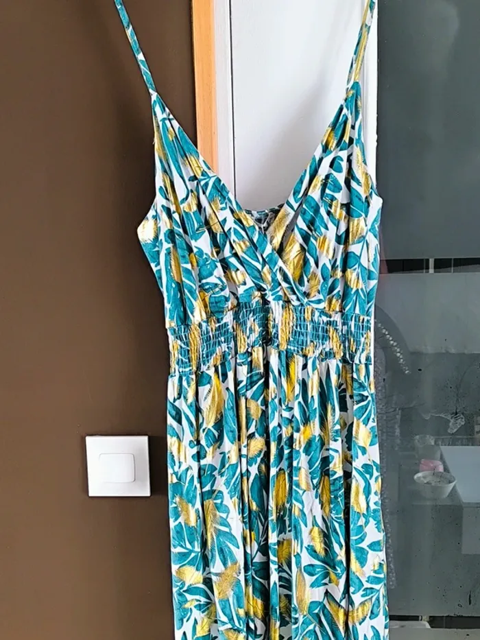 Robe longue imprimée tropicale verte et dorée femme 40/42 - photo numéro 9