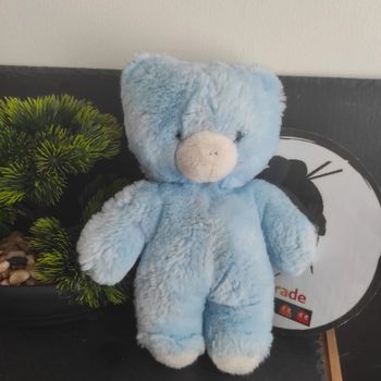 peluche doudou plush ours bleu blanc vintage ancien nounours Grelot Hochet