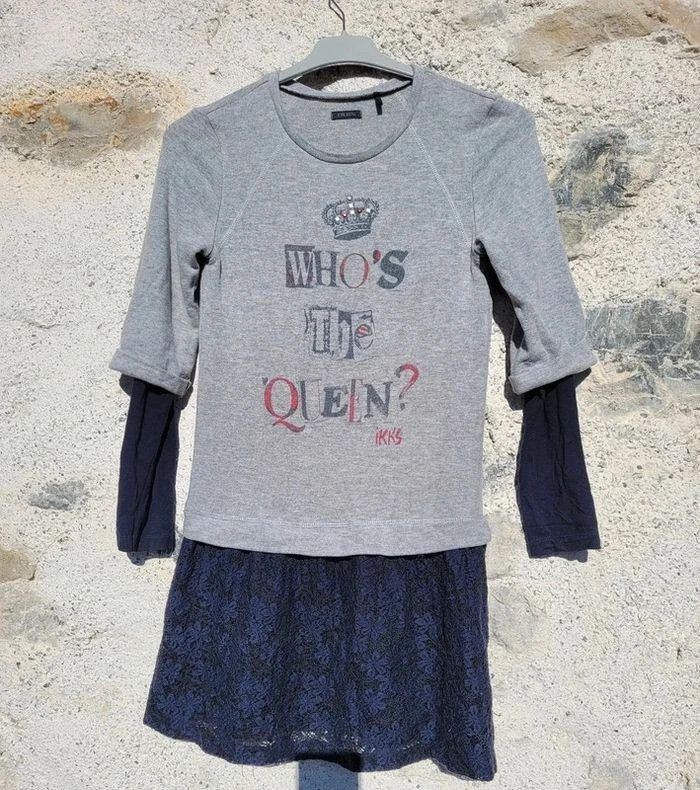 IKKS robe 10 ans, gris et bleu marine,jupe dentelle - photo numéro 2