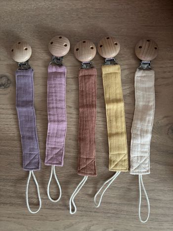Attache tétine gaze de coton neuf écru jaune marron terracotta vieux rose et violet neuf