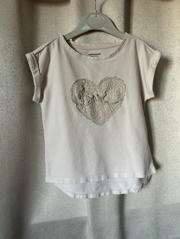 T-shirt rose cœur dentelle beige 4 ans Vert baudet - photo numéro 4