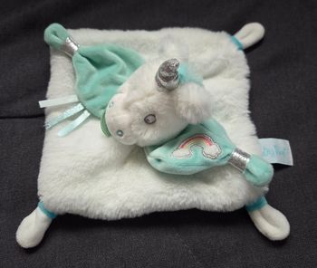 Doudou Licorne carré plat blanc et bleu vert- Poussière d'etoiles - Baby Nat