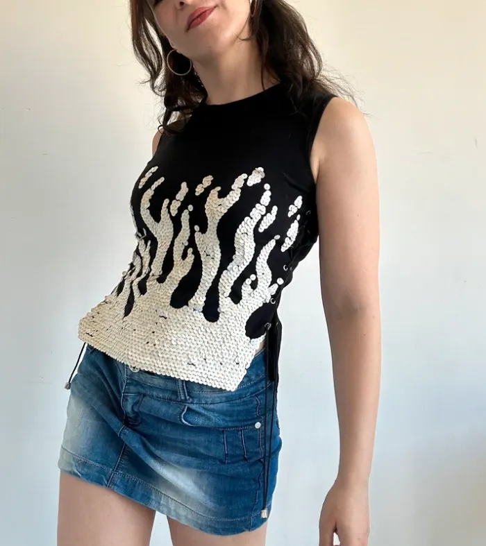 Haut vintage y2k à sequins et laçage noir et beige taille S - photo numéro 7