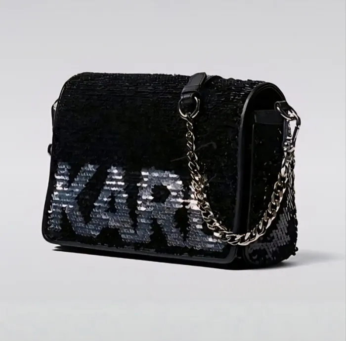 Sac rabat en cuir et sequins réversibles noir/argent. Karl Lagerfeld authentique. Neuf 🥰