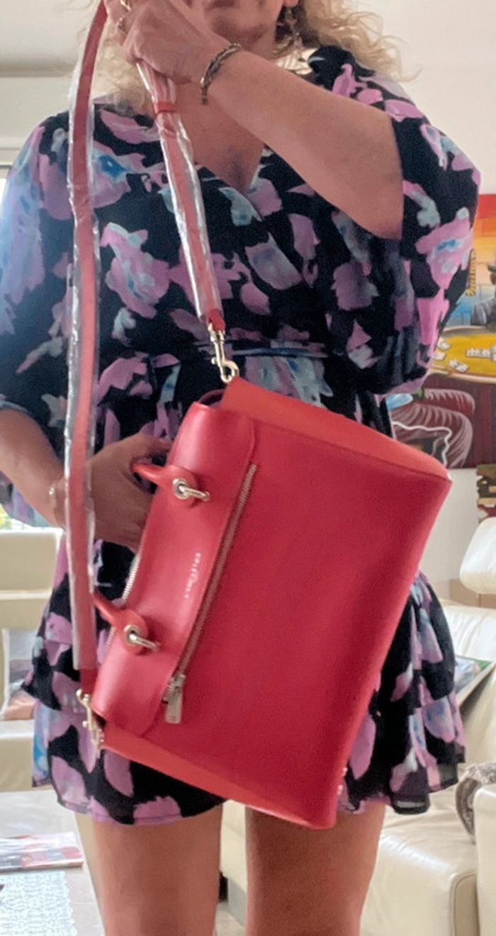 Superbe sac Lancaster tout cuir épaulé ou main rouge orange état neuf - photo numéro 12
