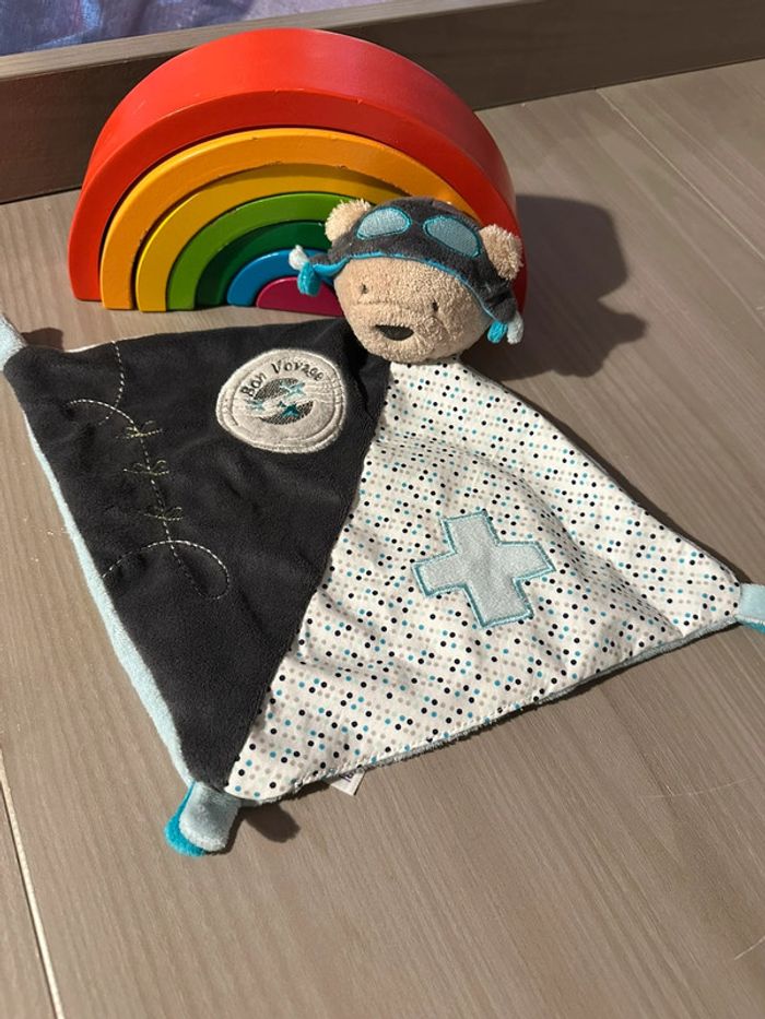 Doudou plat ours aviateur bleu noir pois santhon