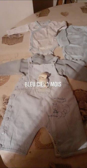 Ensemble gilet, salopette, 2 bodies, sous pull, chaussettes 1 mois