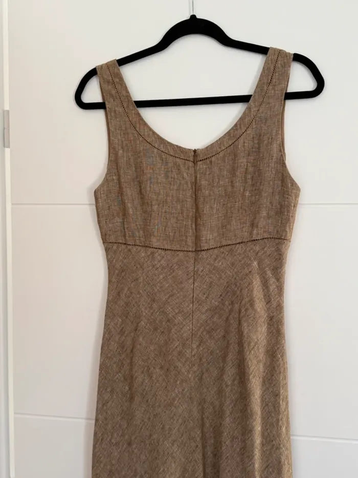 Robe longue marron bretelles été volant zip midi woman donna mujer 40 lin taupe Kleid dress Vestido - photo numéro 8