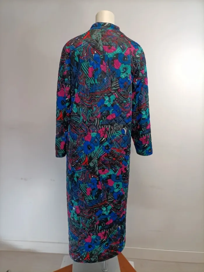 Veste Matelassée Longue - Damart - motifs fleurs bleu, turquoise et rose fushia - photo numéro 4