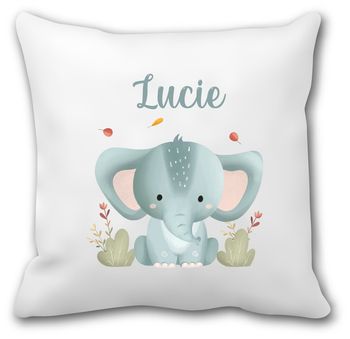 Coussin personnalisé enfant – Éléphant pastel avec prénom – 40x40 cm – Housse + coussin – Spécial rentrée maternelle ou crèche