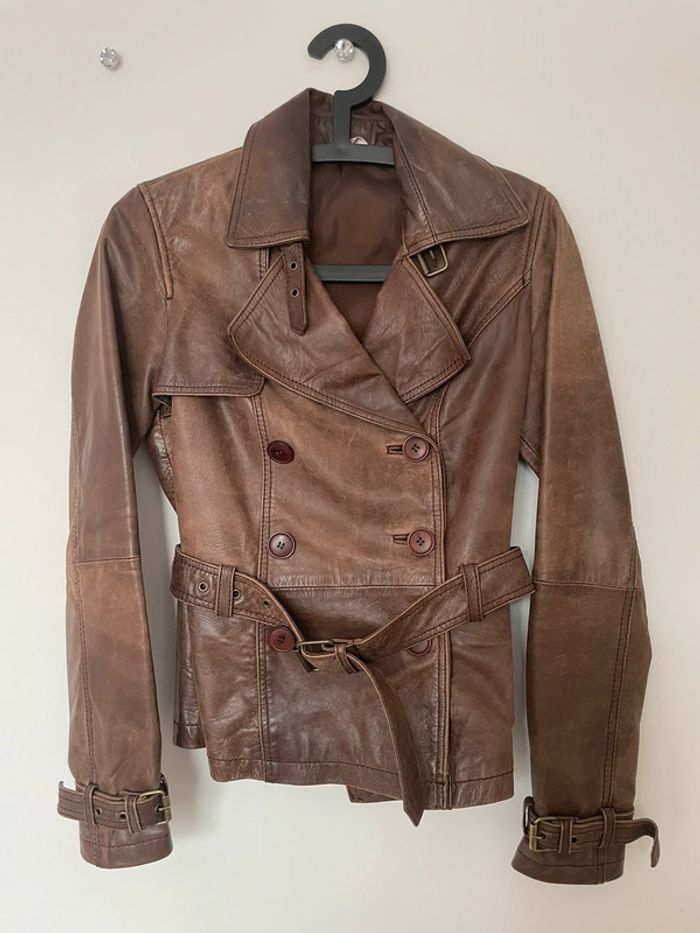 Veste en cuir vintage marron taille 36 trench