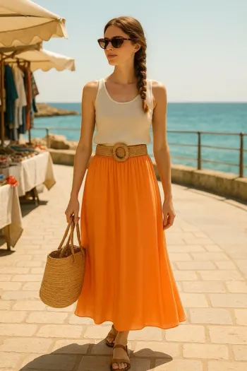 🍑 Jupe longue fluide orange vitaminé – Taille unique – Look bohème chic