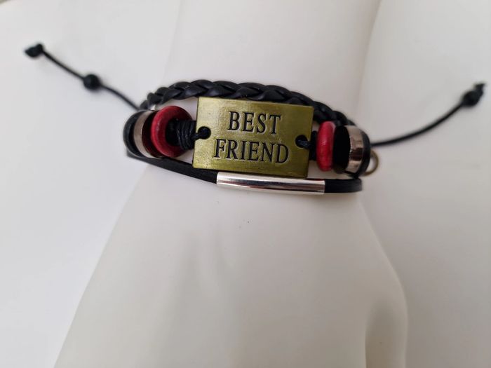 Bracelet Cuir Noir Plaque Métal Meilleur Ami Perles Best Friend - photo numéro 7