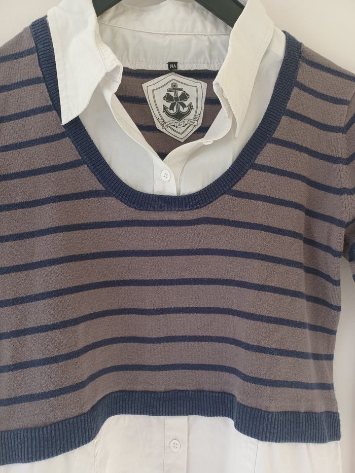 Pull chemise marinière blanche rayé beige et marine 14 ans - photo numéro 3