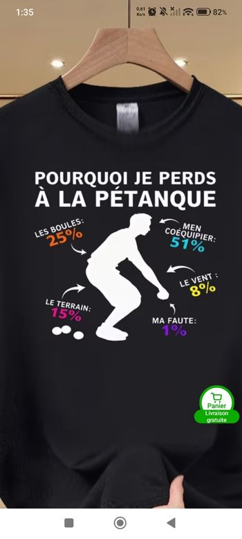Tee-shirt Dédié à la Pétanque Taille XL Neuf Jamais Porté 