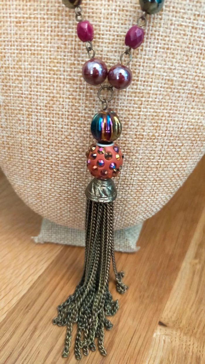 Collier vintage à pampille bronze – Perles prune & métalliques – Style bohème chic - photo numéro 8