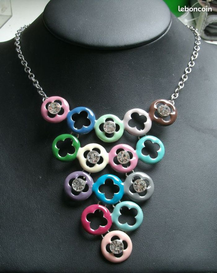 Collier émail -   Dégradé de ronds multicolores avec petits strass