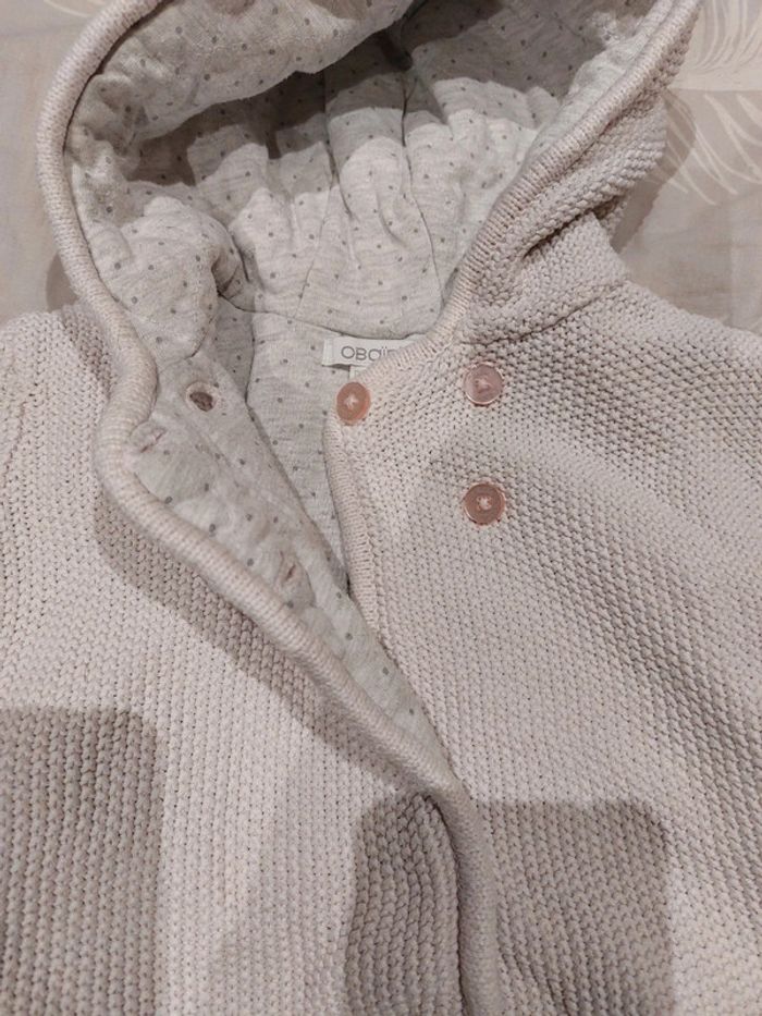 Gilet chaud tricot à capuche rose pâle Obaibi fille 12 mois - photo numéro 3