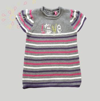 Robe manches courtes tricot gris rose violet blanc rayures Orchestra 6 mois 67 cm fille