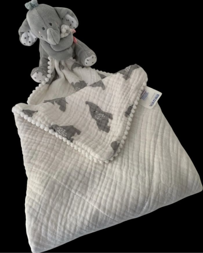 ❤️ Doudou Plat Couverture Lange Blanc Gris Éléphant Anna & Milo Noukies Noukie's