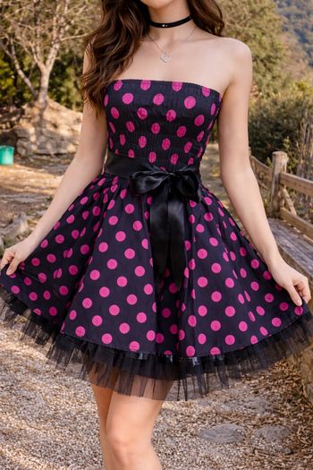 Robe noire à pois fuchsia bustier jupon en tulle intégré style rockabilly pin-up  T38 H&R London