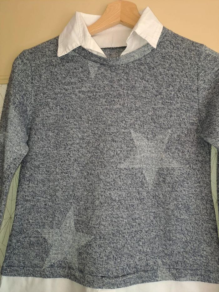 Joli pull chemise 14 ans gris blanc tbe 1 micro tache au revers de manche non visible porté - photo numéro 3