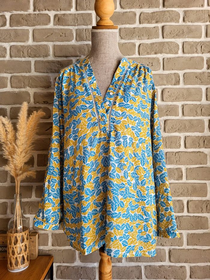 Blouse imprimée feuillage jaune moutarde et bleu clair - rétro champêtre
