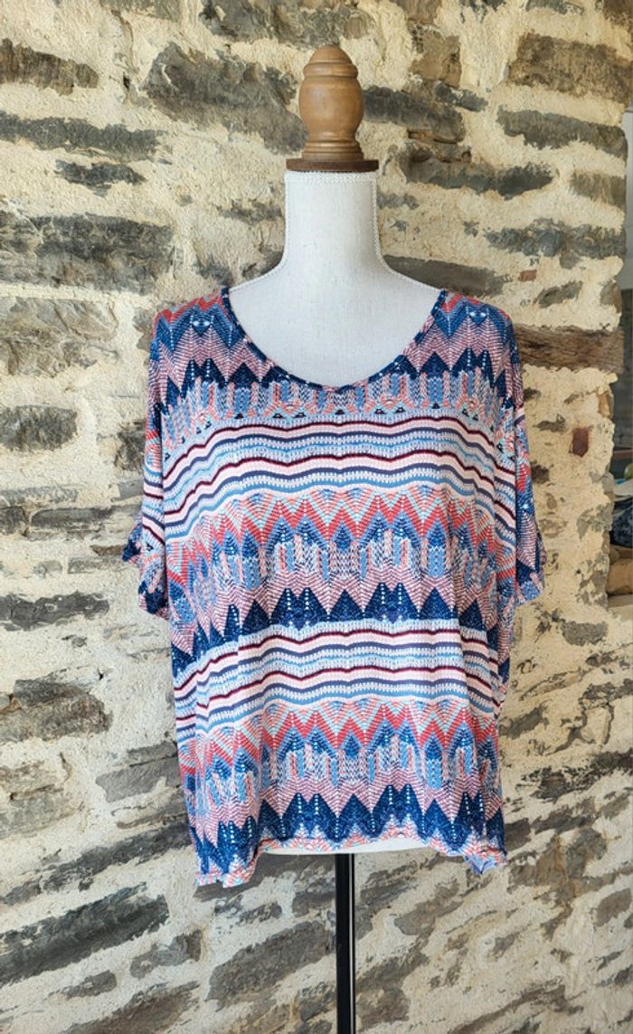 T-shirt blouse manches courtes à motifs bleu blanc corail Blancheporte Taille 54/56
