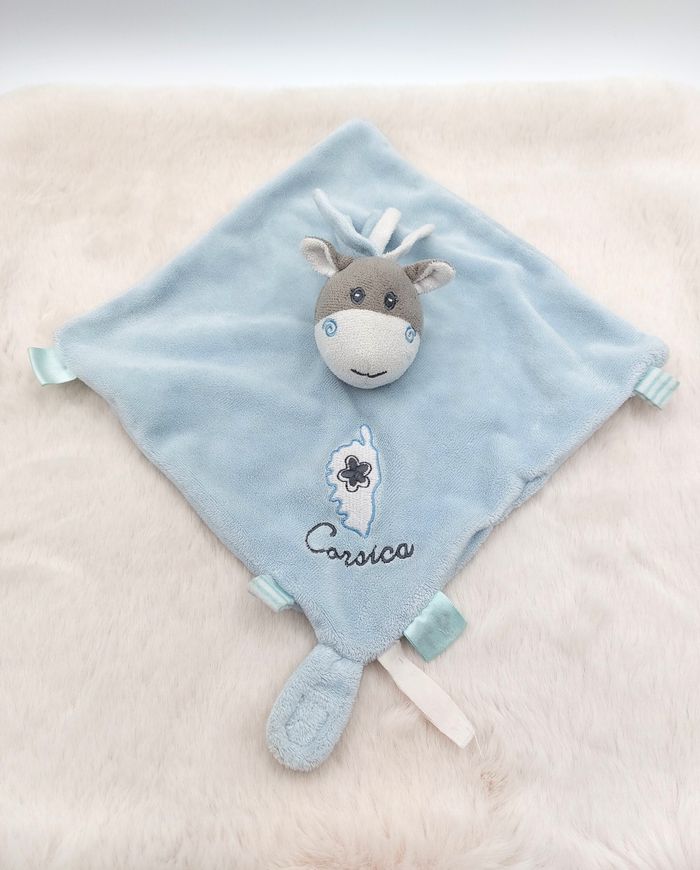 Doudou plat âne cheval bleu Corse Corsica blanc gris Textisun attache tétine